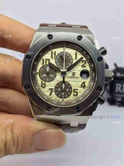 Fake Audemars Piguet Watch SS Yellow Dial Brown Leather - Swiss AP